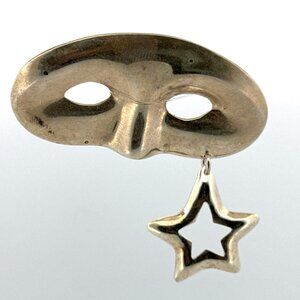 Estate Mexico Sterling Silver 925 Mask Brooch Pin with Dangling Open Star Charm
